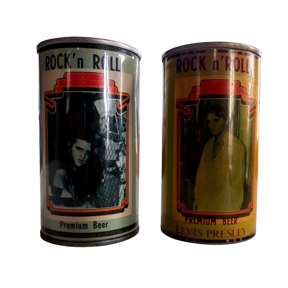 Vintage Elvis Presley Rock n Roll Premium Beer Cans Memphis Brewing Co Pair